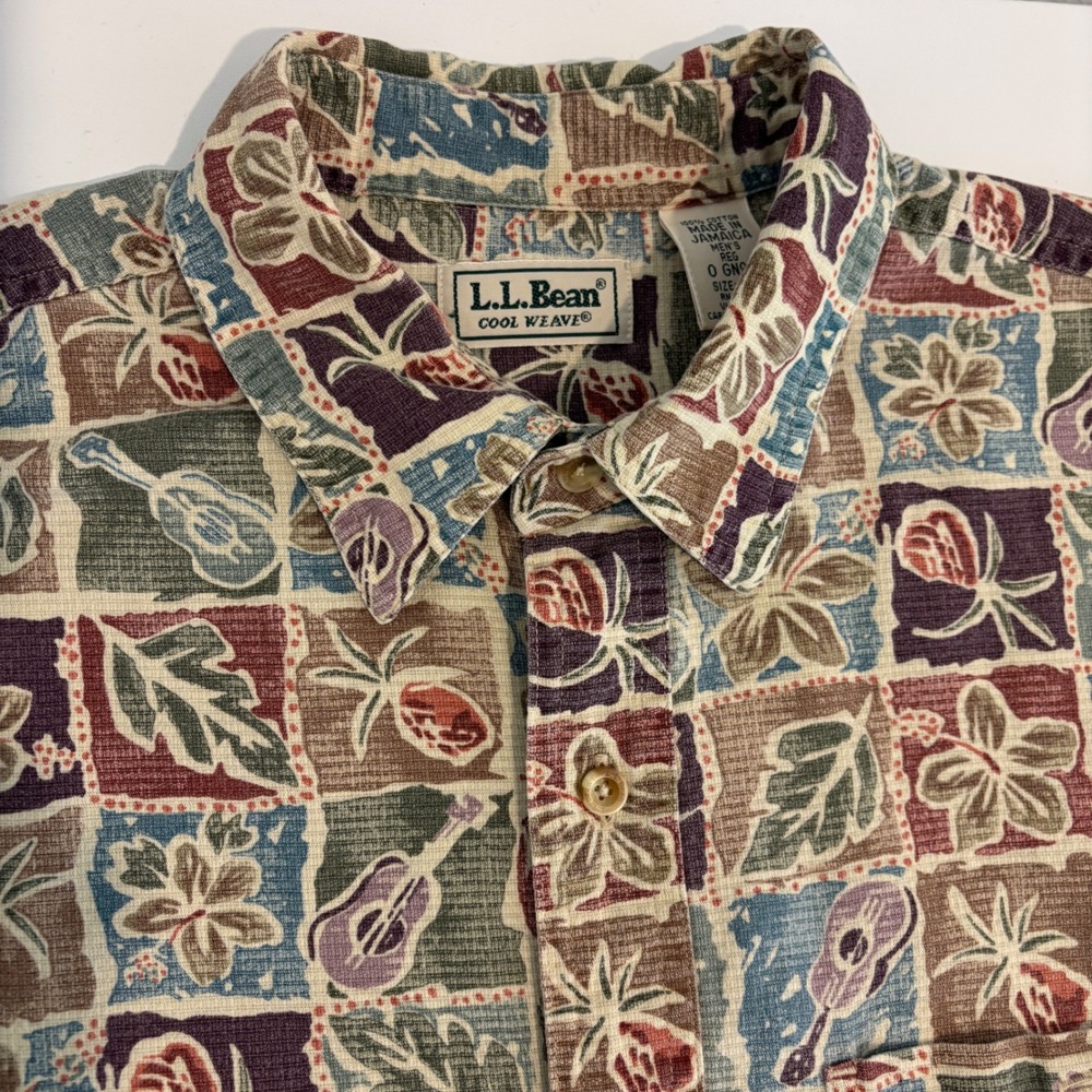 LL Bean Cool Weave Hawaiian Shirt Men L Tropical Pineapple Ukulele Chest Pocket